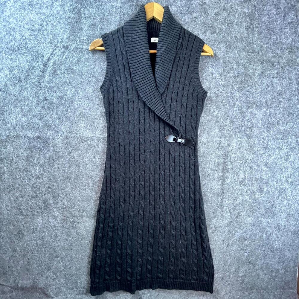 Calvin Klein Sweater Dress Women Medium Black Cable Knit Shawl Collar Sleeveless